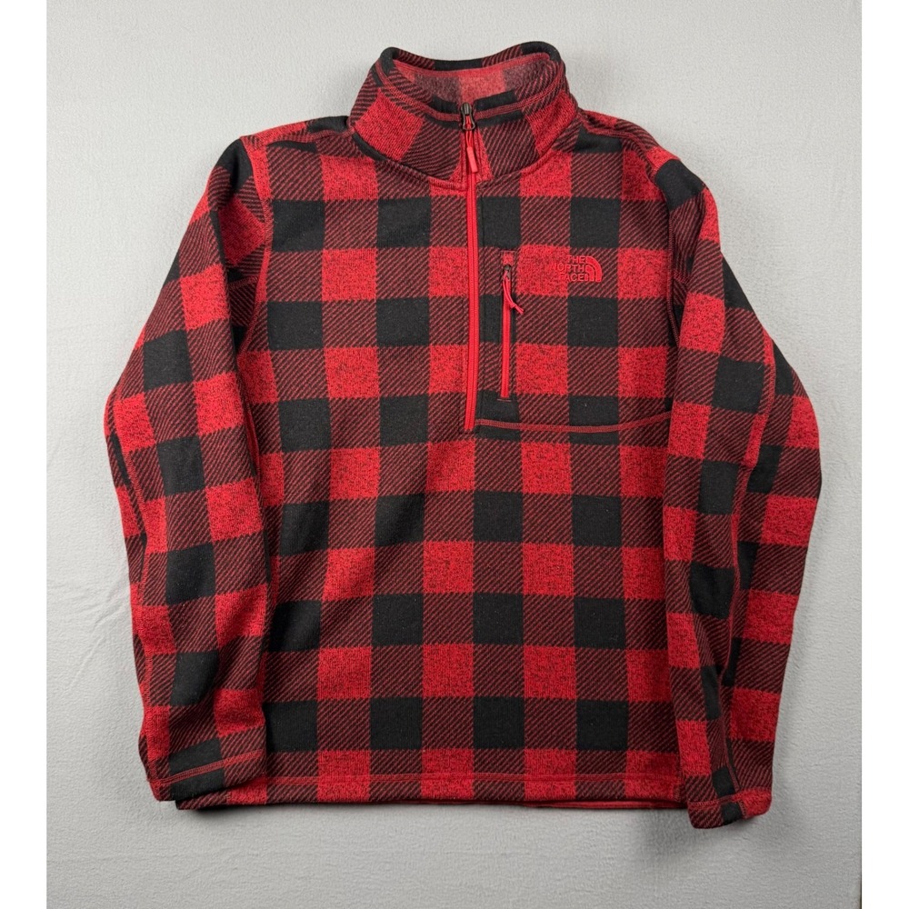 The North Face Mens Red Black Buffalo Plaid Quarter Zip Fleece Fall Large